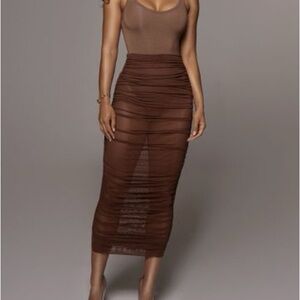 JLuxLabel Sexy Coco Bodycon Sheer See-Through Mesh Stretchy Ruched Midi Skirt